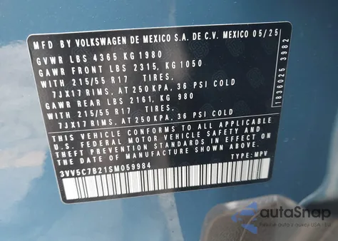 2025 Volkswagen Taos 1.5T S из США, поврежденный, VIN 3VV5C7B21SM059984